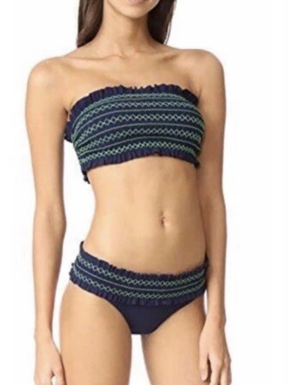 Tory Burch Navy Bandeau Bikini with Green Embroidered Detail - Picture 2 of 9